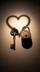 Vintage Key and Lock with Heart Shadow on Transparent Background