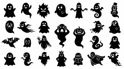 Vector Ghost Silhouette Set –  Black Line Art Spirits with Unique Expressions and Shapes for Halloween, Horror, and Character Design Themes