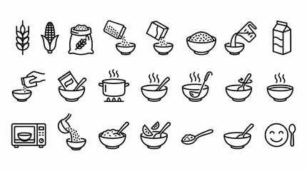 Vector Grain Meal Preparation Icon Set &ndash;  Black Line Art Symbols for Cereal, Porridge, and Cooking Process Design Themes