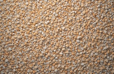 Fototapeta premium Small beige and white pebbles create a dense background texture. The granular material forms an abstract pattern of rounded stones. This natural surface offers a neutral base for design projects.