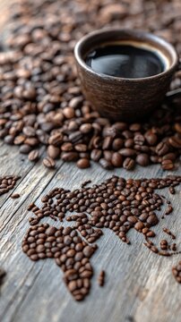 A cup of dark coffee sits atop a world map crafted from roasted coffee beans