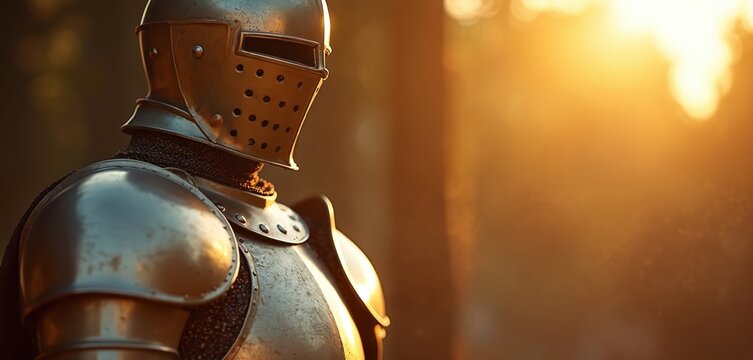 Knight stands in armor outdoors during sunset. Golden light shines on metallic plate armor and helmet. Warrior waits for battle. Historic scene. Medieval times. Courage.