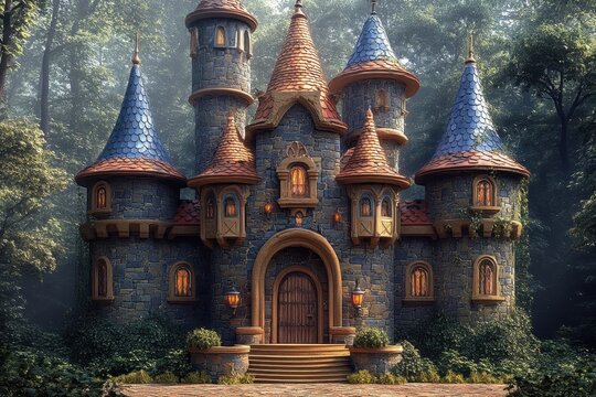 Enchanted stone castle surrounded by a mystical forest during early morning light