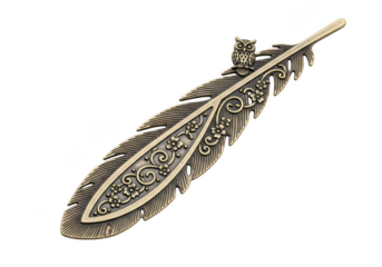 Ornate silver feather pendant with intricate scrollwork isolated on transparent background