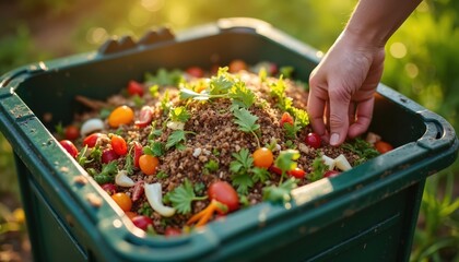 Person adds food scraps like vegetable peelings to compost bin. Organic material decomposes into rich soil. Sustainable waste management for garden.
