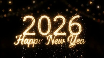 2026 Happy New Year text composed of shining gold sparkler particles over a dark background with warm bokeh for a celebratory message