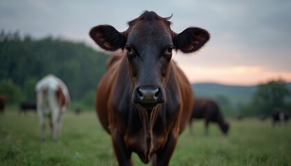 Brown cow stands in green field at dusk. Other cows graze in distance. Peaceful farm scene, livestock agriculture, natural countryside landscape.