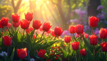 Close-up of vibrant red tulips in a sunny garden with dappled light