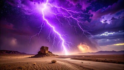 Purple Lightning Storm Over Desert Landscape