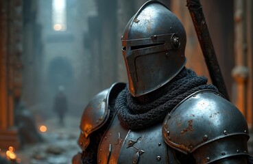 Fototapeta premium Knight in full steel armor stands in castle interior. Worn metal plate suit. Medieval warrior with helmet and chainmail. Dark old stone hall. Weapon staff held vertically.