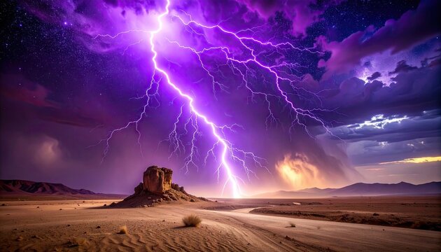 Purple Lightning Storm Over Desert Landscape - Powered by Adobe