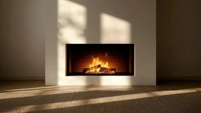 Minimal modern fireplace set into clean interior wall with warm flames, soft natural light, calm shadows and cozy contemporary living space