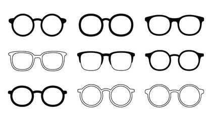 Line art glasses icon set, minimalist vector collection of trendy sunglasses, spectacles, and optical frames, perfect for fashion illustrations, mobile apps
