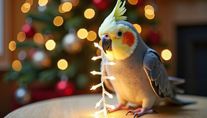 cockatiel parrot with a crest, nymph parrot, gnaws at a garland. pet stories