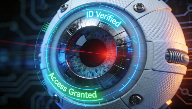 Digital 3D illustration of a futuristic mechanical eye with biometric iris scanning technology showing ID verified and access granted for cyber security and advanced authentication - Powered by Adobe