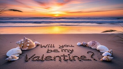 Sunset Beach Proposal Will You Be My Valentine Shells Sand Message