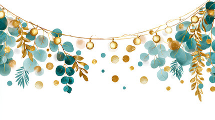 gold garland and shiny string lights on white background for winter holiday banner with festive ribbon decoration and abstract illustration in green blue and bright colours