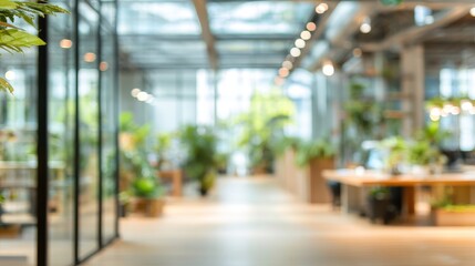 Stunning photo of Blurred background of a modern office space with green plants and glass partitions