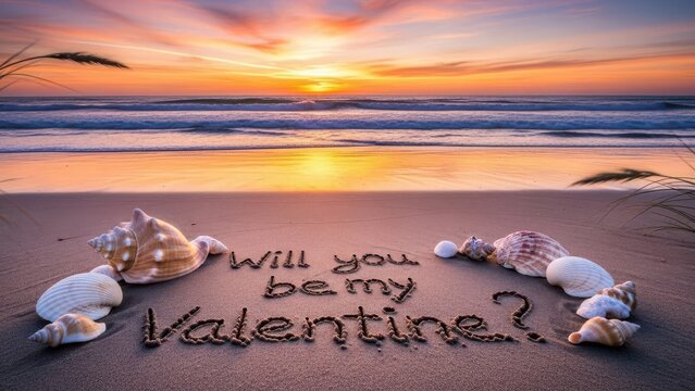 Sunset Beach Proposal Will You Be My Valentine Shells Sand Message - Powered by Adobe