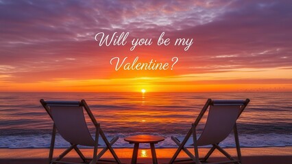 Sunset Beach Scene with Two Chairs and a Table Asking to be Valentine