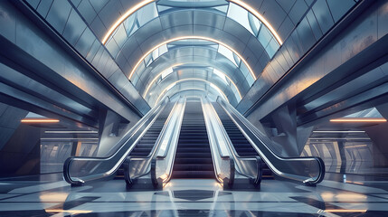 Futuristic interior design featuring grand escalator in modern architecture setting