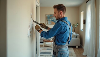 Man scrapes damaged paint from wall inside modern apartment. Handyman repairs interior wall surface with metal tool. Home renovation project in living room.