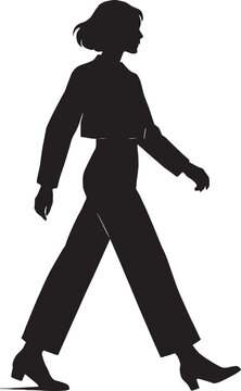 Stylized black silhouette of a person in motion, wearing wide-legged pants, a long-sleeved top, and heeled shoes. The bob-cut hairstyle and dynamic walking posture&mdash;arm swinging, leg stepping forward&mdash;e