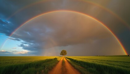 Double rainbow arches over green field. Dirt road leads to single tree under dramatic storm clouds. Rural landscape after rain, bright sun breaks through.