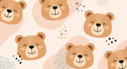 Obraz premium Warm teddy bear seamless pattern with smiling animal faces and abstract organic shapes in beige and brown for cozy kids decor.