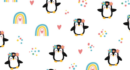 Fototapeta premium Playful penguins with colorful flower crowns and soft rainbows create a charming repeating pattern on a crisp white backdrop.