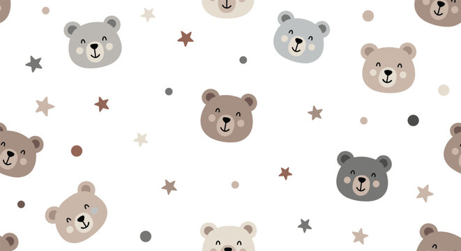 Neutral teddy bear seamless pattern featuring cute animal faces and stars in brown and gray tones on a white background for baby.