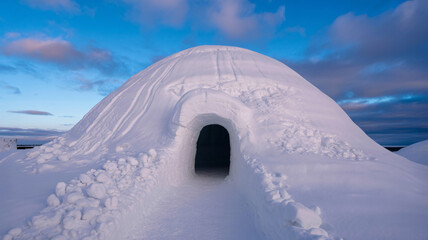 Snowy igloo with tunnel entrance under blue cloudy sky