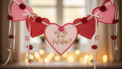 Valentines Day Decoration with Hearts and Roses Hanging Garland