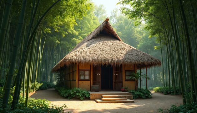 Traditional nipa hut in bamboo forest. Thatched roof dwelling with wooden walls sits on dirt path. Rich green bamboo stalks surround rustic home, offering tranquil natural shelter.