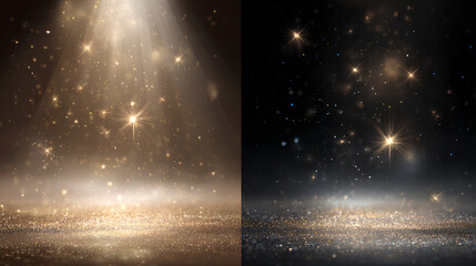 Gold Sparkling light on two backgrounds, sparkling stars and dust, abstract overlay, glowing light effect with glitter particles and stars, magical glow