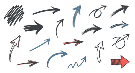 Fototapeta premium Collection of diverse hand-drawn arrows pointing in various directions, symbolizing direction and choice.