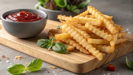 Crispy golden french fries served with ketchup and fresh basil on a wooden cutting board, a delicious snack