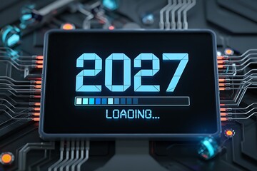 A futuristic digital display showing the year 2027 with a loading bar embedded in complex circuitry high quality professional