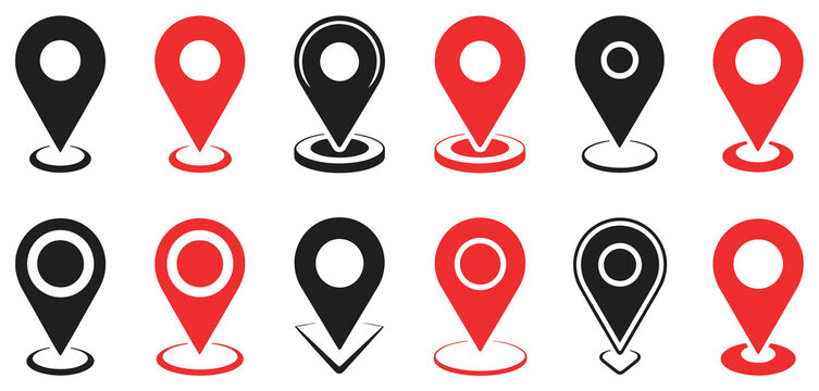 Location pin icon set, map pointer collection featuring red and black location pins, vector graphics for maps, navigation, GPS tracking