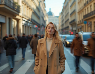 Obraz premium Woman with eyes closed stands in busy city street. Blurred people and cars pass by. She finds inner peace amidst urban chaos and fashion style. Sunshine brightens her moment.