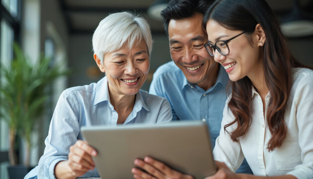Multi generational asian family or colleagues share tablet screen. Woman, man, girl smile watching digital device together indoors. Discussing project, learning, or browsing.