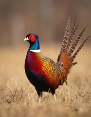 Fototapeta premium Male pheasant stands in dry grass field early spring. Colorful bird with long tail feathers shows bright plumage. Wildlife photo of wild animal in natural habitat.