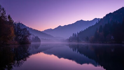Fototapeta premium Serene lake at dawn, reflecting a hazy mountain range in a tranquil purple-toned landscape.