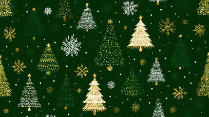 Green Christmas background with snowflakes and christmas trees seamless pattern of christmas trees and snowflakes on green background Christmas wrapping paper Xmas pattern with ornaments 