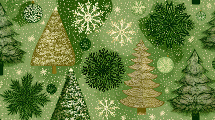 Green Christmas background with snowflakes and christmas trees seamless pattern of christmas trees and snowflakes on green background Christmas wrapping paper Xmas pattern with ornaments 