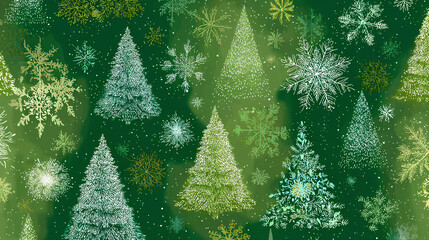 Green Christmas background with snowflakes and christmas trees seamless pattern of christmas trees and snowflakes on green background Christmas wrapping paper Xmas pattern with ornaments 