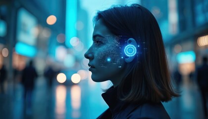 Woman wearing futuristic earbud device. Digital interface overlay on face shows data flow. City street at night with bokeh lights creating tech ambiance. Future communication concept.