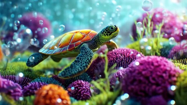 Animated turtle swimming amongst colorful coral reef underwater scene