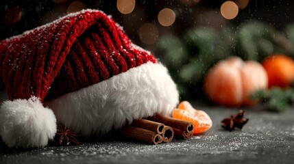 A red santa hat with white fur, oranges, and cinnamon on a snowy background