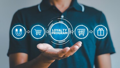 A man presents a digital loyalty program interface with icons representing user shopping cart rewards and gifting high quality